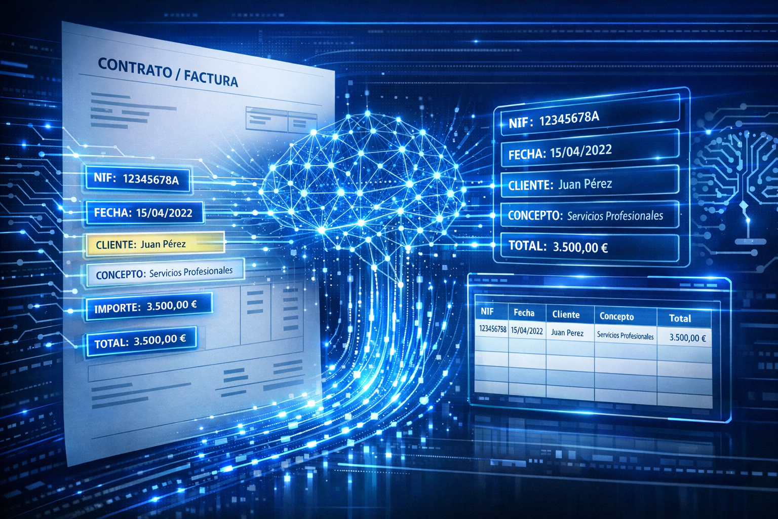 Inteligencia artificial procesando facturas y extrayendo datos automáticamente: NIF, fecha, importe