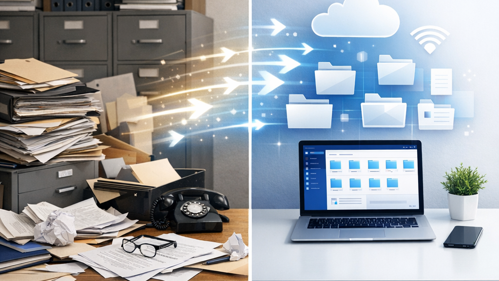 Comparación entre archivador físico tradicional y sistema de gestión documental digital en la nube
