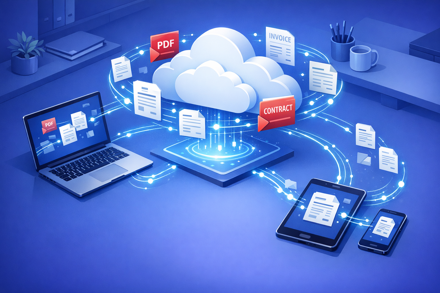 Acceso multiplataforma a documentos desde ordenador, tablet y móvil con sincronización en la nube